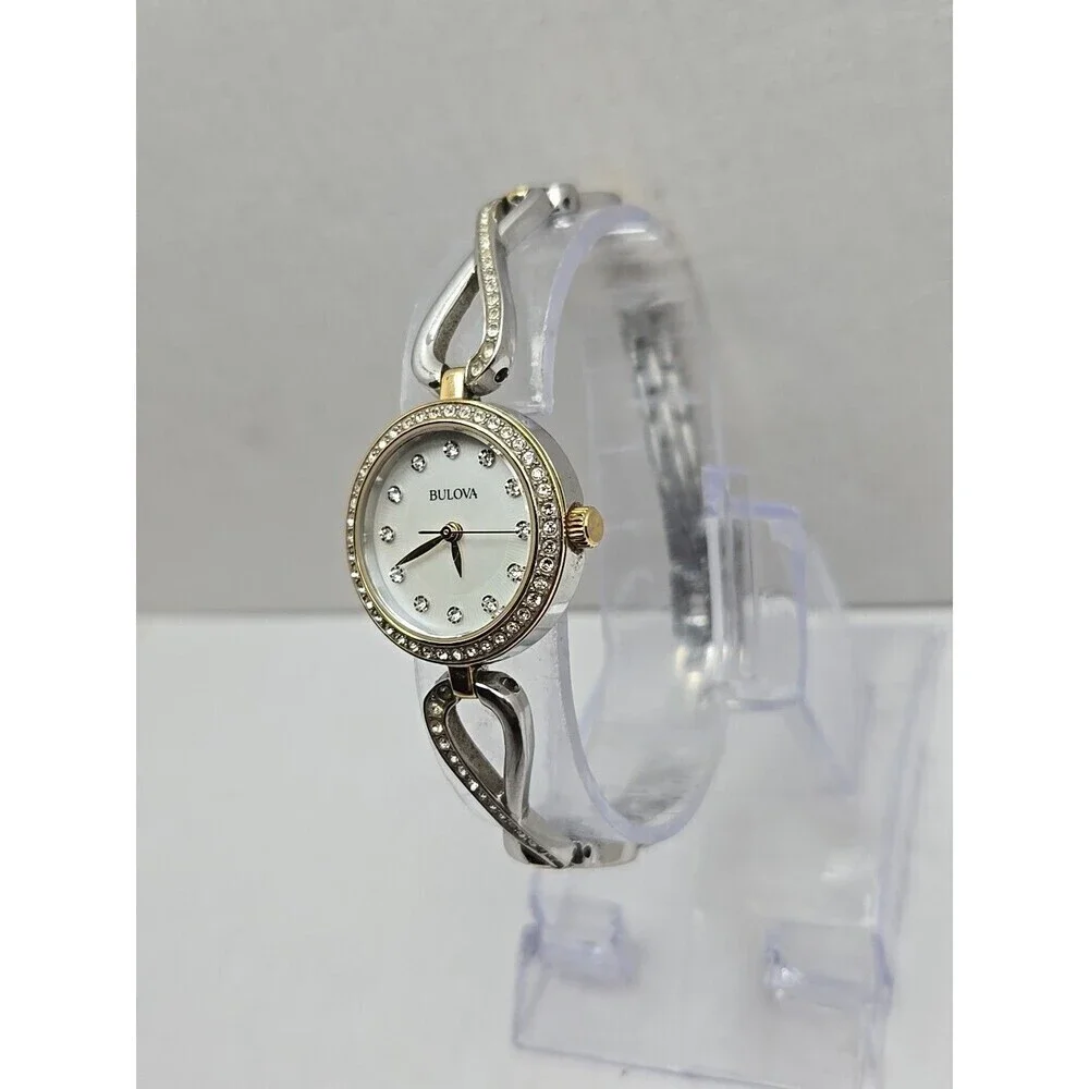 Bulova Womens Crystal Two Tone Bracelet Watch White MOP Dial New Battery Quartz